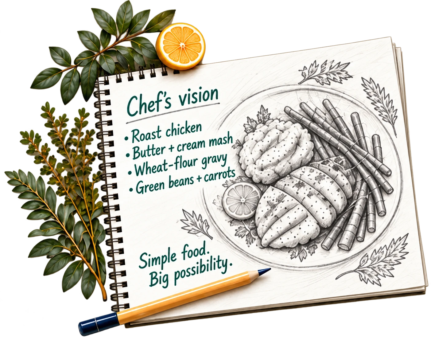 Illustrative concept: A chef's notebook open to a handwritten menu — roast chicken, butter and cream mash, wheat-flour gravy, green beans and carrots — with a pencil and a sprig of herbs.