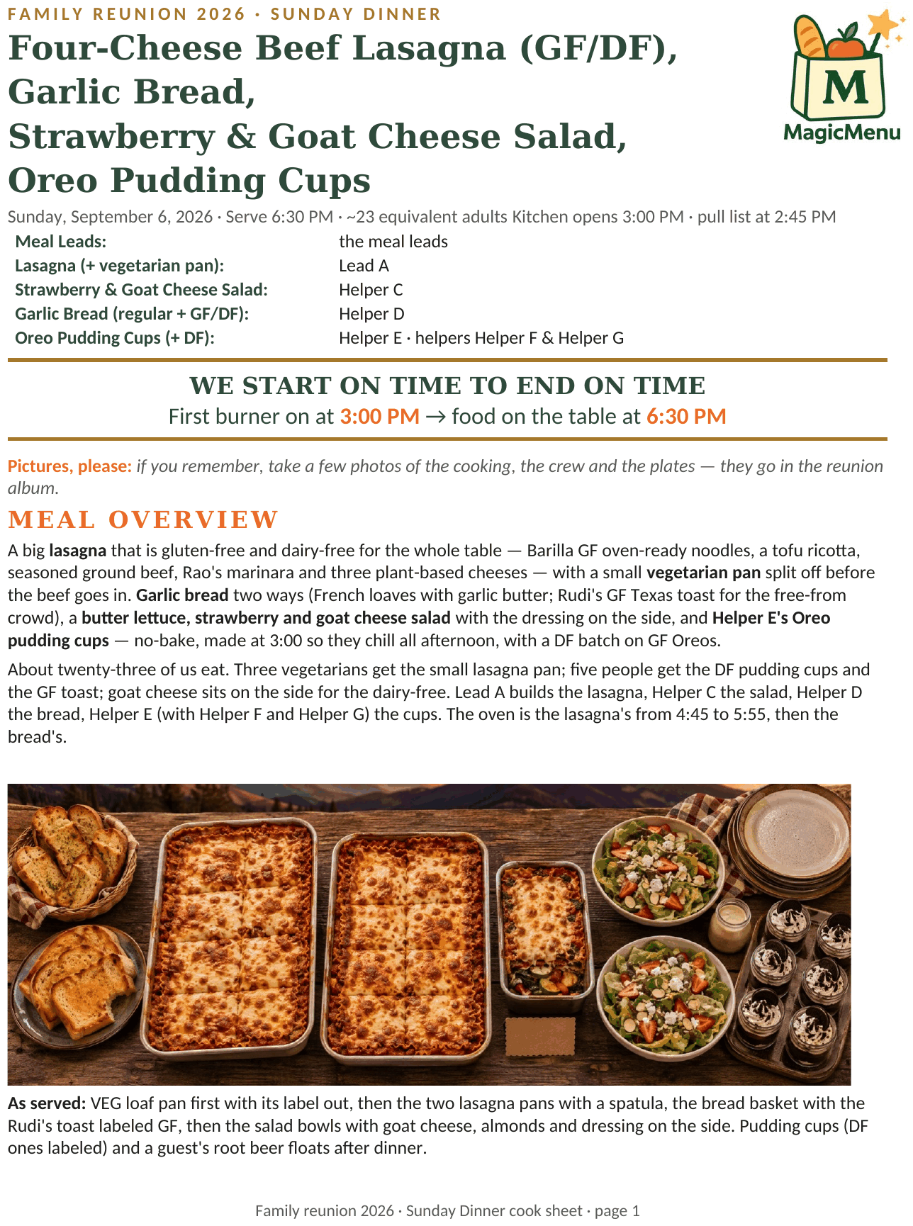 Page one of a cook sheet: the meal, who leads each dish, the key times, and the overview.
