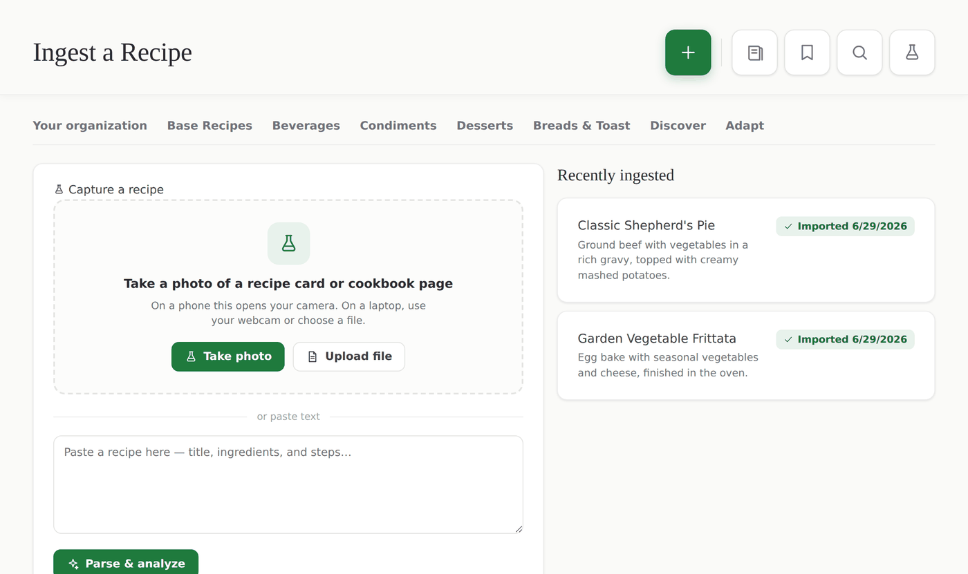 The recipe-ingestion screen: paste text, drop a PDF or a document, or photograph a recipe card.