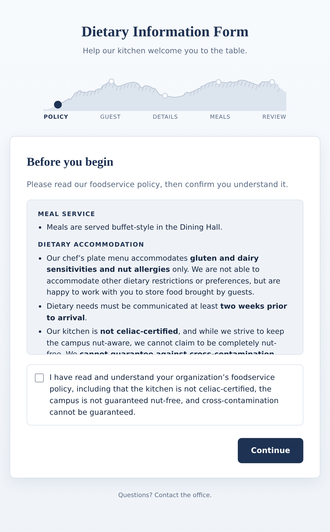 The policy step of the guest form: the operator's own foodservice policy, and the box the guest ticks to say they have read it.
