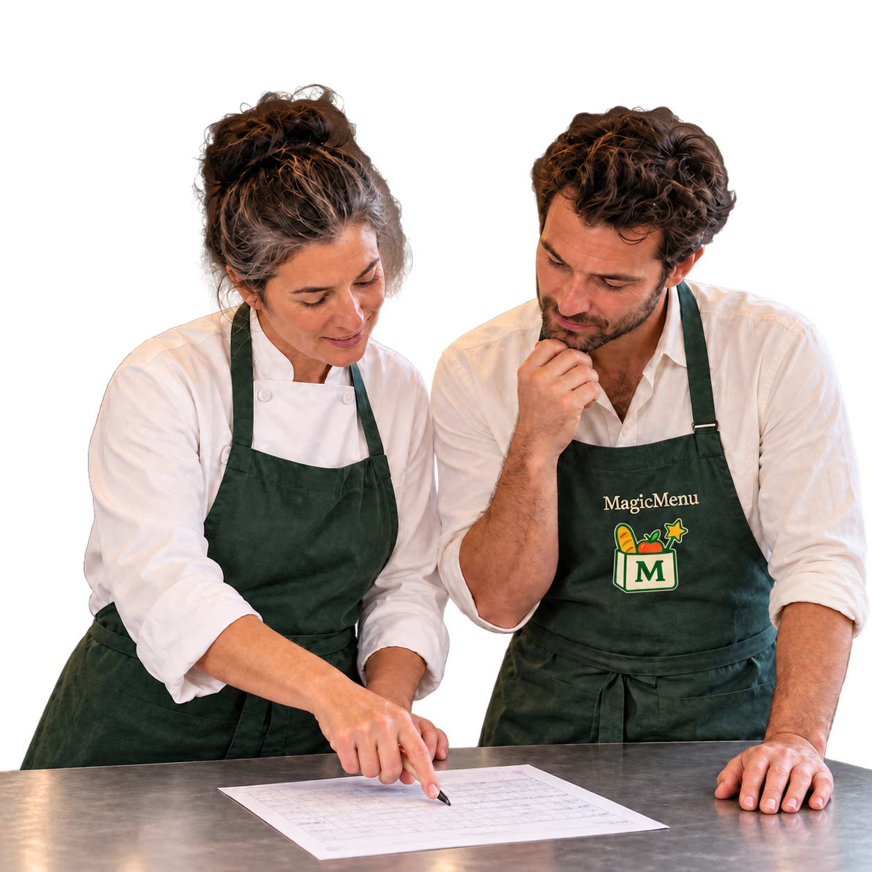 A chef reviews a menu with a colleague wearing a MagicMenu apron while reviewing menu paperwork.