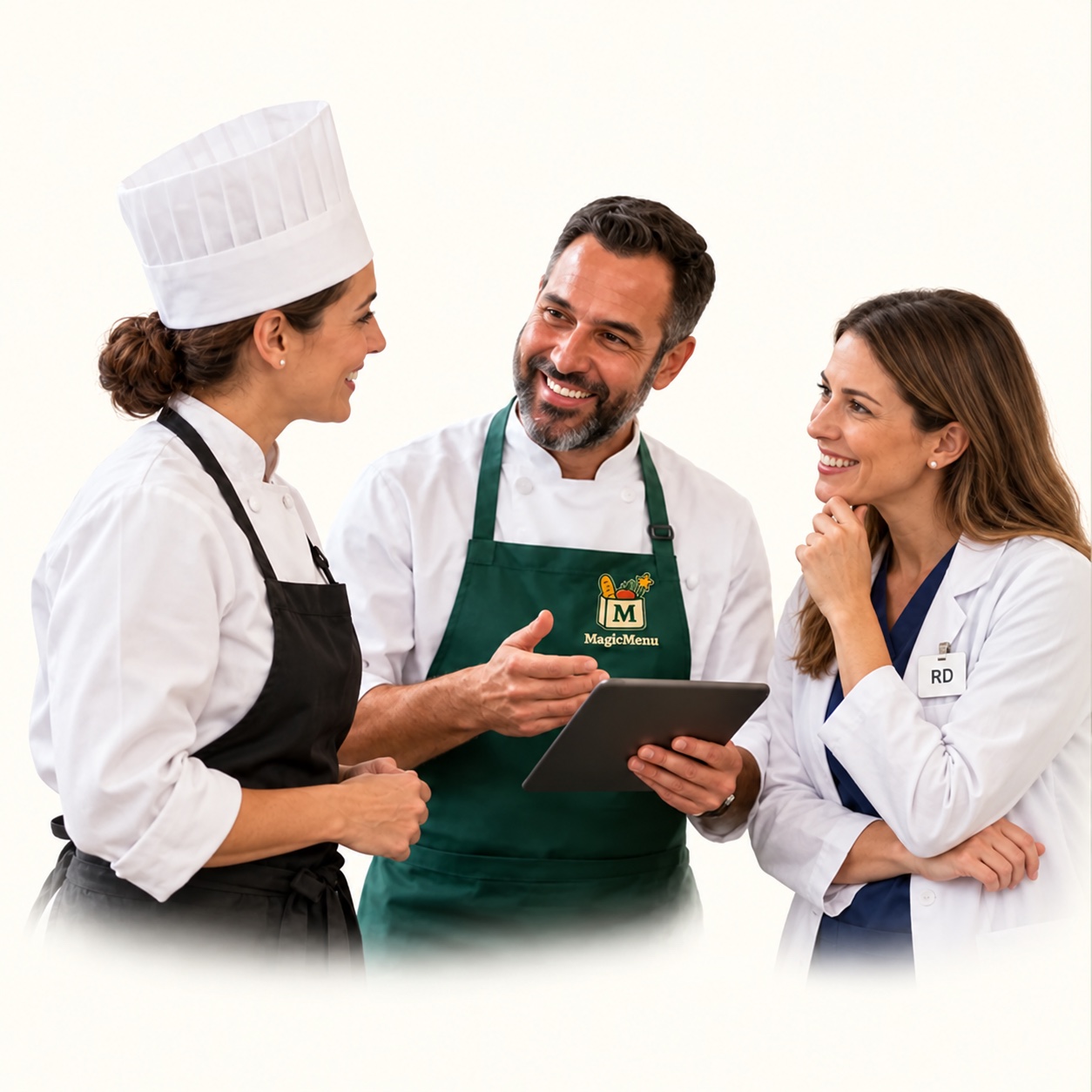 Illustrative concept: A chef and a skilled-nursing registered dietitian discuss a menu with a MagicMenu representative.