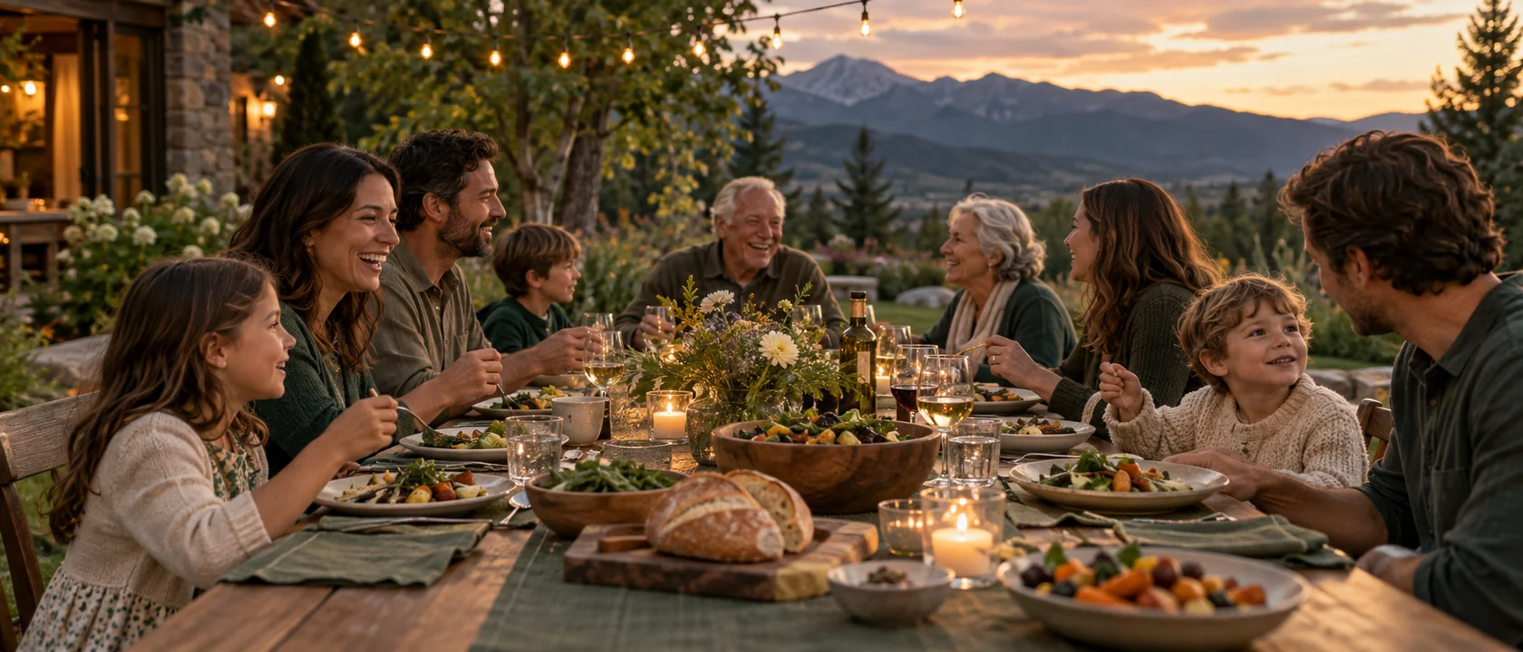 Illustrative concept: A long multigenerational reunion table at dusk under string lights.