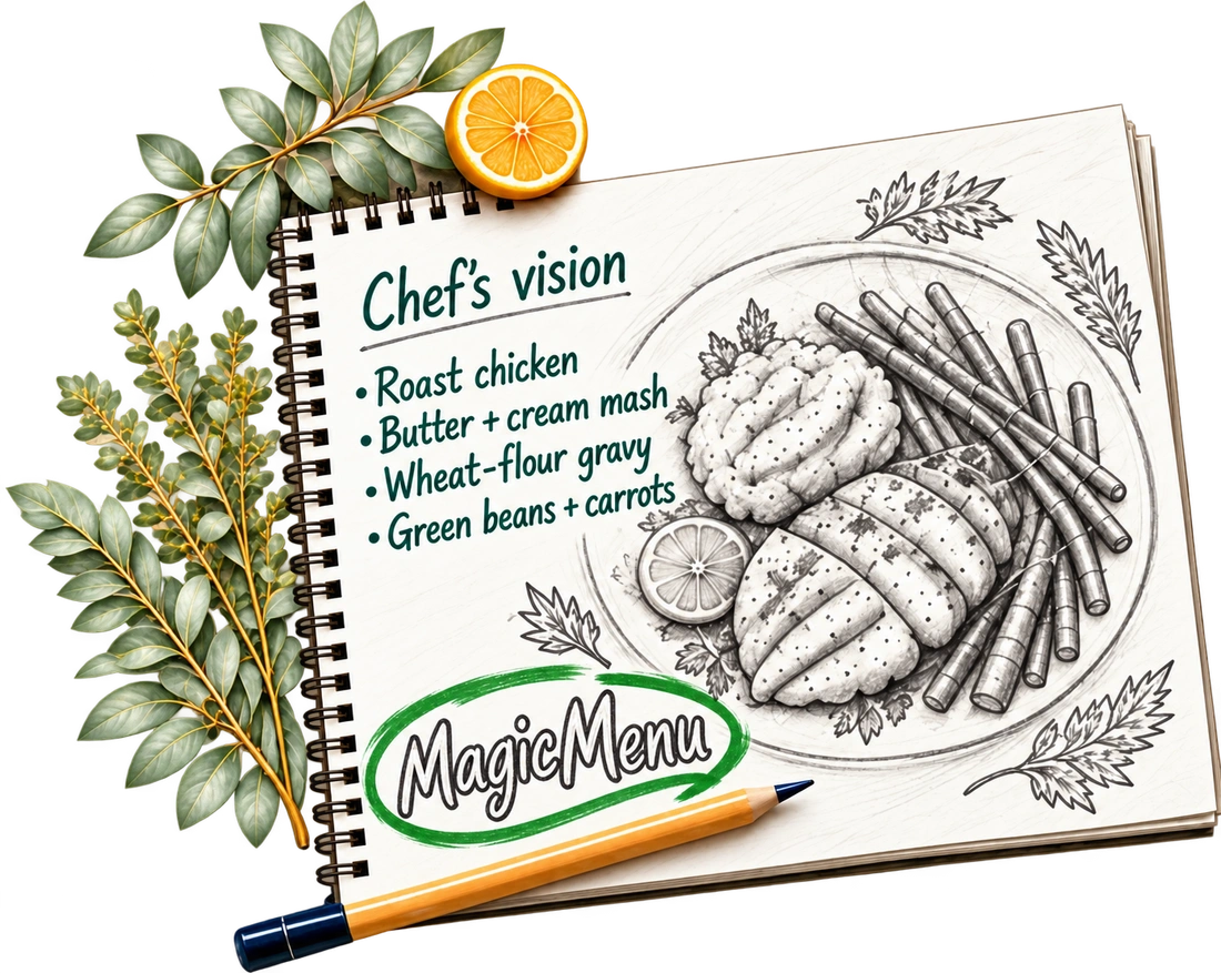 Chef’s vision: roast chicken, mash, gravy, green beans and carrots.