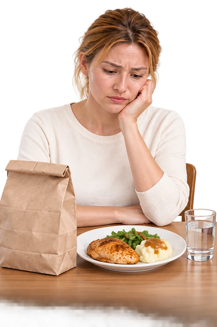Illustrative concept: The same blonde guest worried about her meal, with a paper lunch bag.