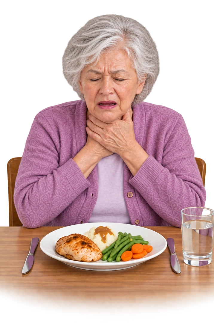Illustrative concept: The same older guest with eyes closed, clutching her throat with both hands.