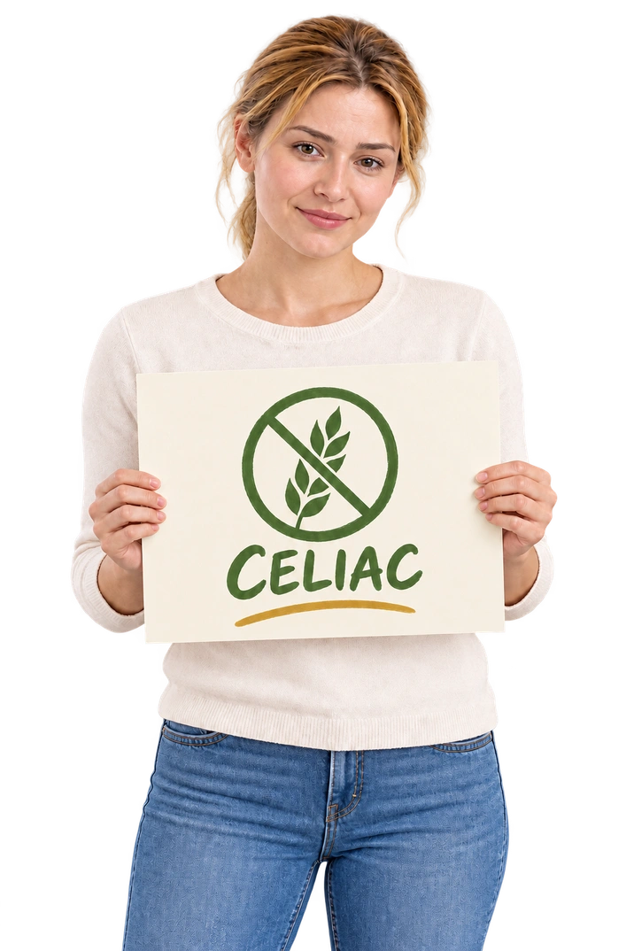 Illustrative concept: A blonde woman in a cream top, holding a hand-lettered sign: Celiac.
