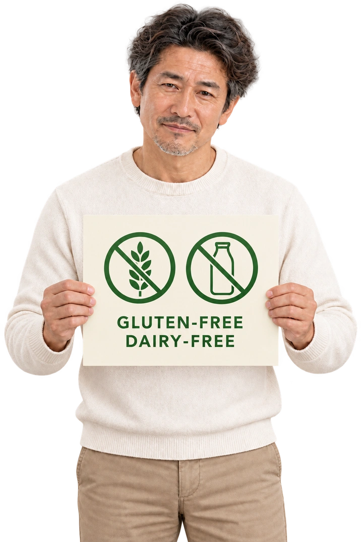 Illustrative concept: A dark-haired man in a cream top, holding a hand-lettered sign: Gluten-free and dairy-free.