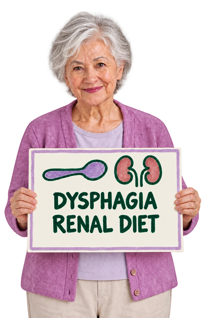 Illustrative concept: A silver-haired woman in a lavender cardigan, holding a hand-lettered sign: Dysphagia and renal diet.