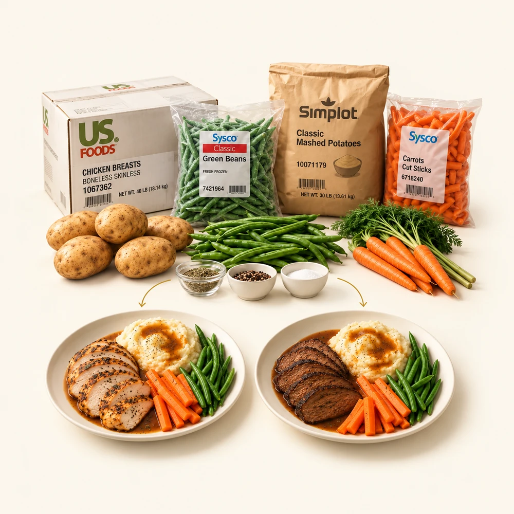 Illustrative concept: Supplier products and fresh ingredients connected to chicken and plant-based dinners.