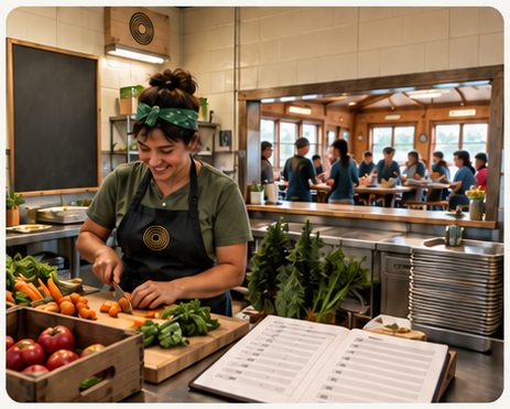 A camp cook preparing vegetables beside the dining hall.